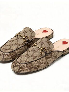 Gucci Monogram Jumbo GG Malaga Princetown Slippers Camel Ebony Beige EU37 475094